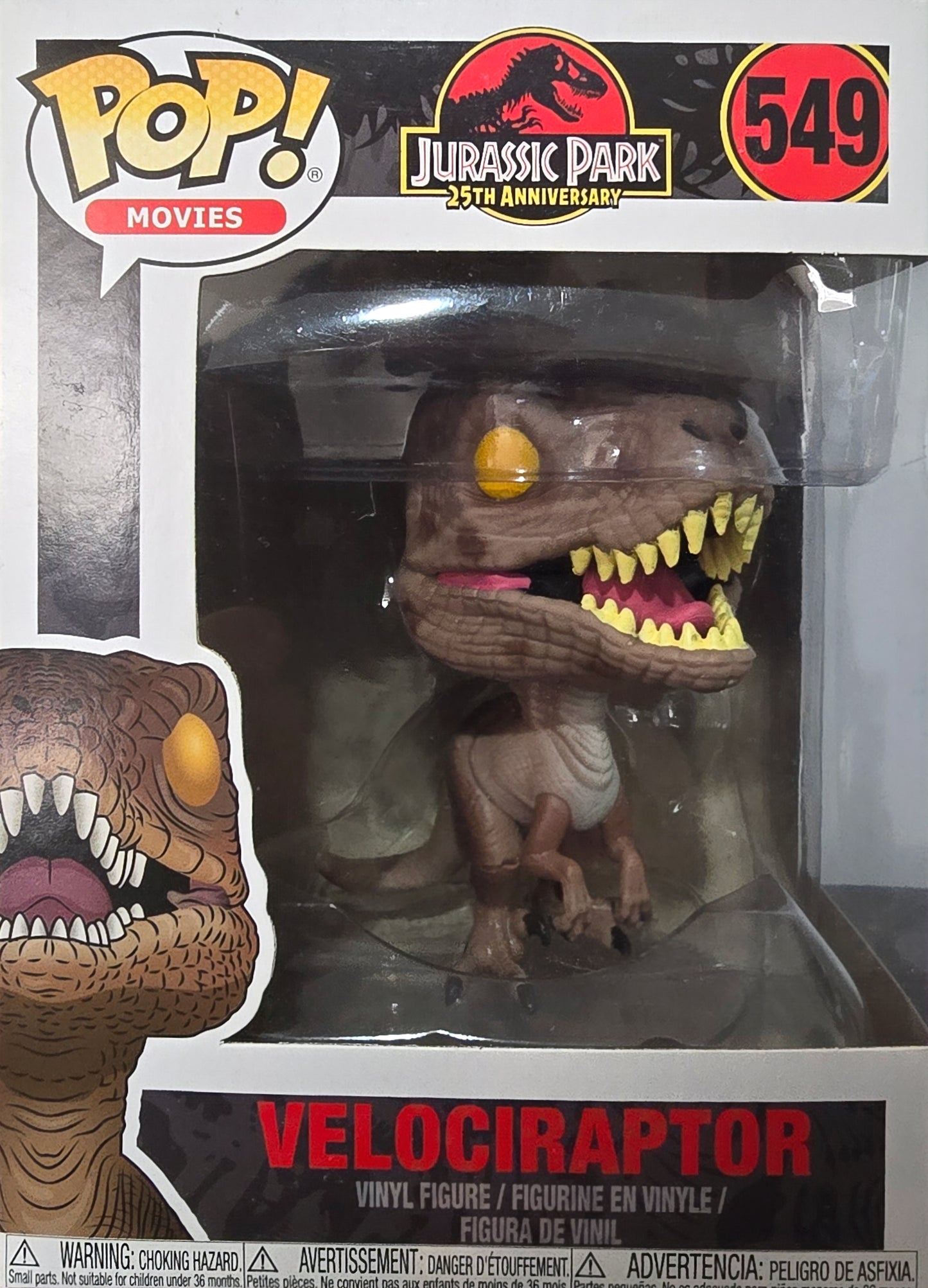 Funko Pop! Movies: Jurassic Park - Velociraptor vinyl figure, specifically number 549 from the 25th Anniversary collection.