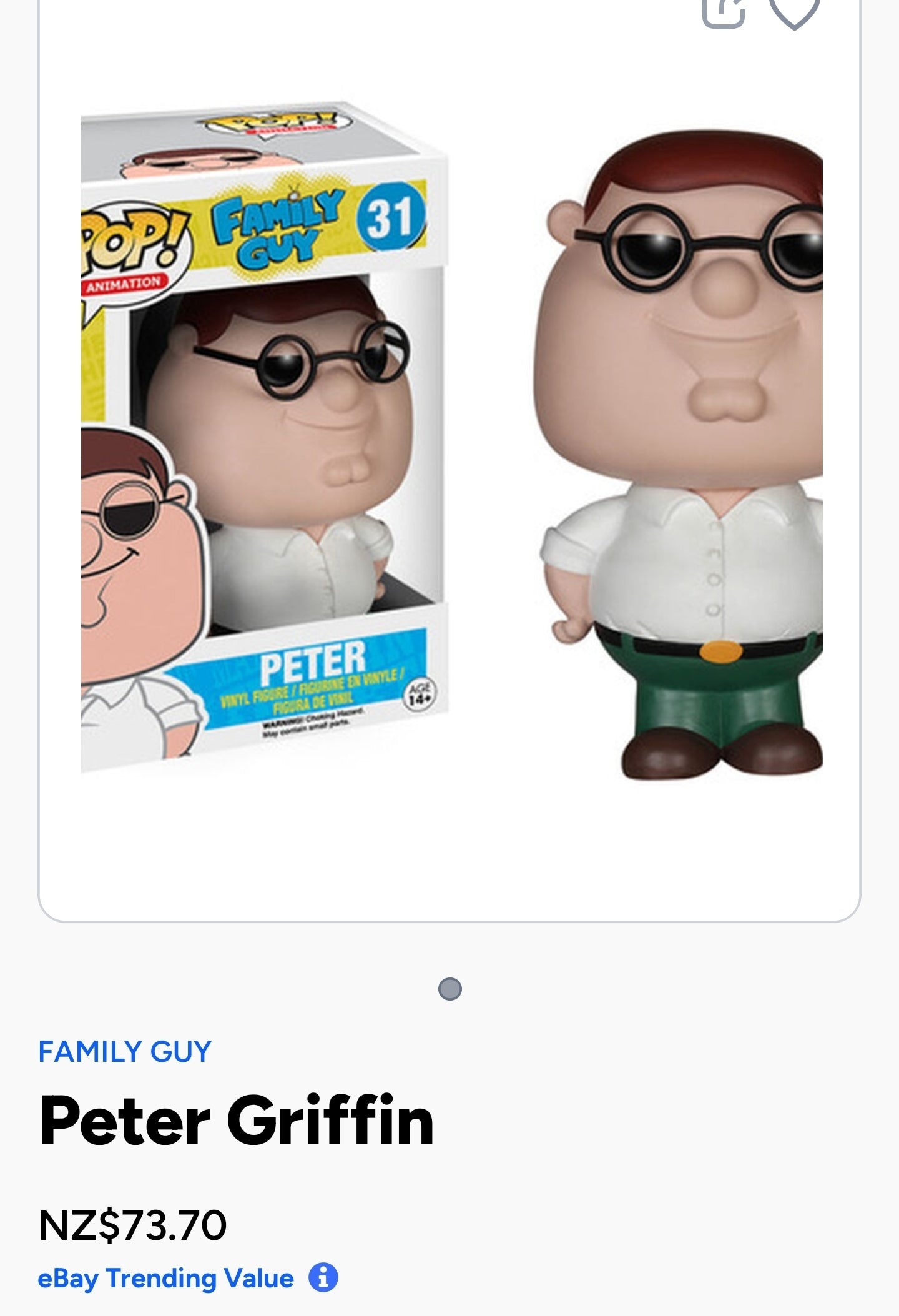 Funko Pop! Animation #31 Peter Griffin vinyl figure from the animated television series Family Guy.