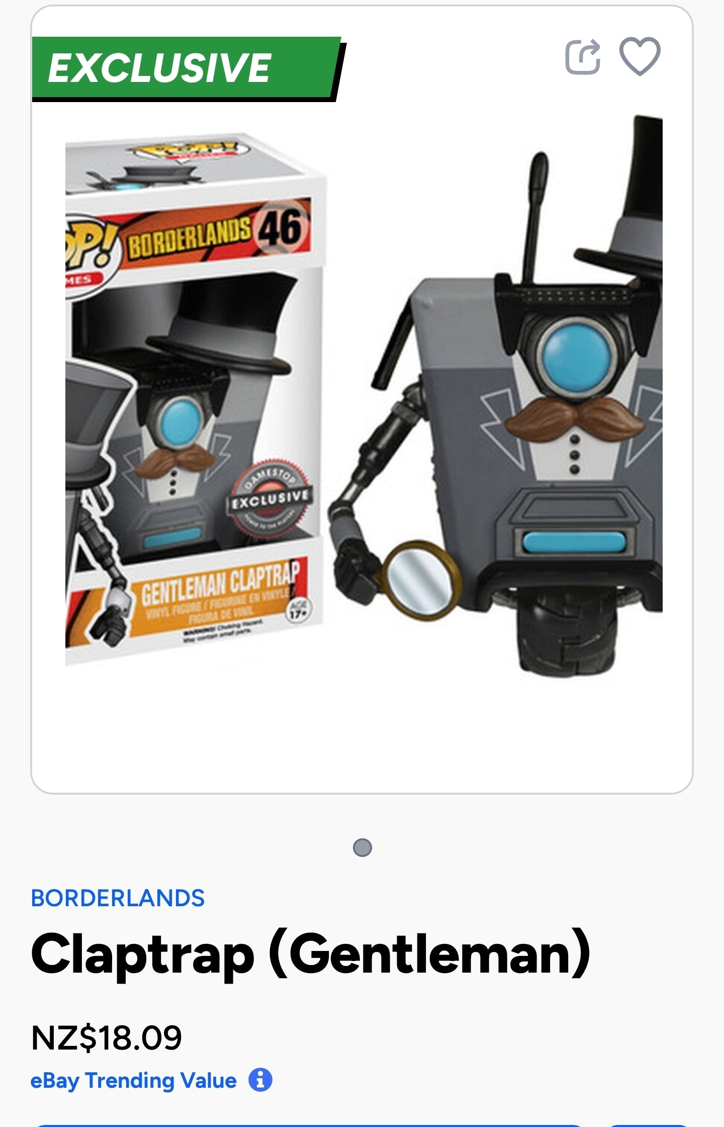 Funko Pop! Games: Borderlands - Gentleman Claptrap (GameStop Exclusive) #46 vinyl figure.