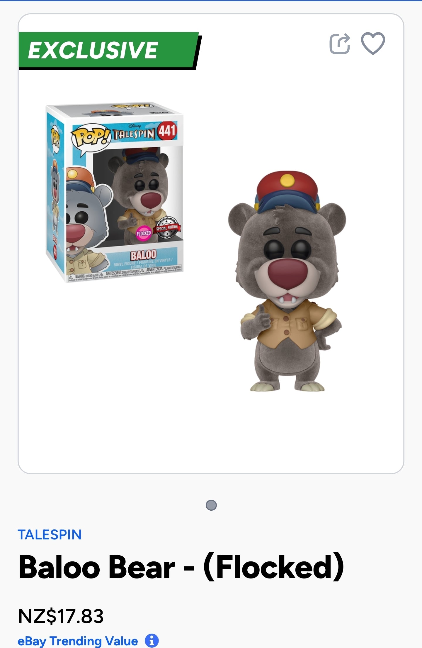 Funko Pop! Disney TaleSpin Baloo Flocked US Exclusive Pop Vinyl figure, number 441 in the Pop! Vinyl series.