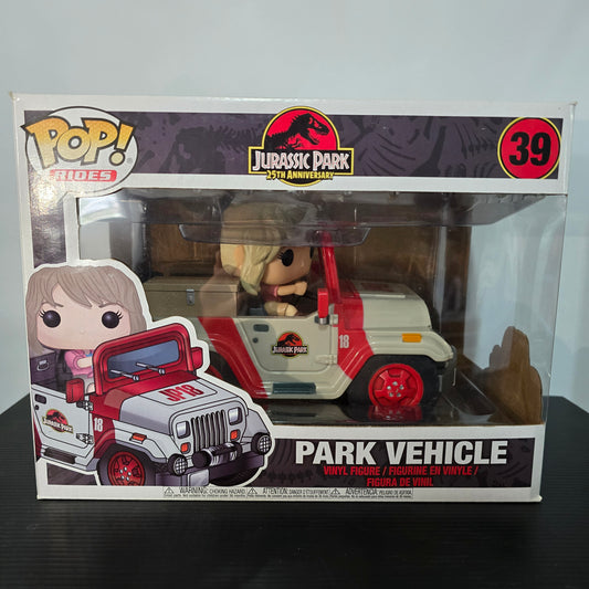 Funko Pop! Rides #39 featuring Ellie Sattler in the Jurassic Park Park Vehicle.