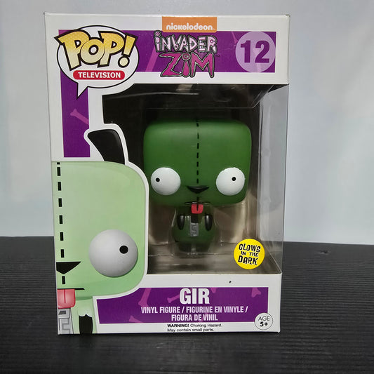 Funko Pop! Television vinyl figure of GIR from the show Invader Zim, specifically figure #12 which is a Hot Topic Exclusive Glow-in-the-Dark version.