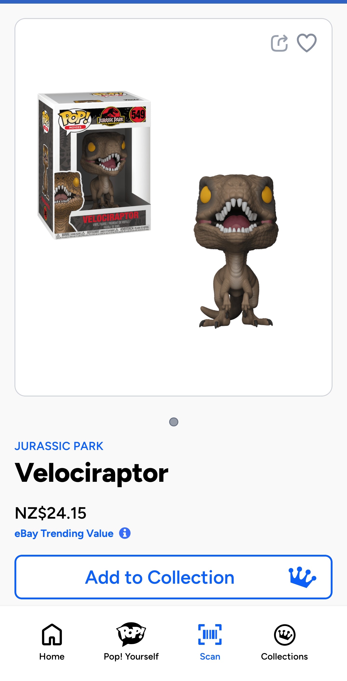 Funko Pop! Movies: Jurassic Park - Velociraptor vinyl figure, specifically number 549 from the 25th Anniversary collection.