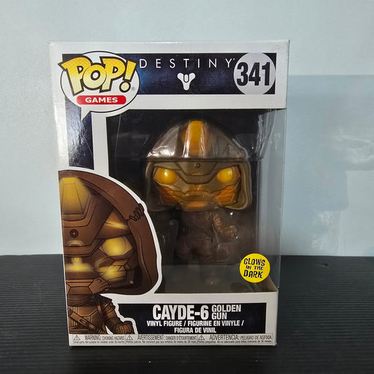 Funko Pop! Games Destiny Cayde-6 Golden Gun #341 vinyl figure, known for its "Glows in the Dark" feature.