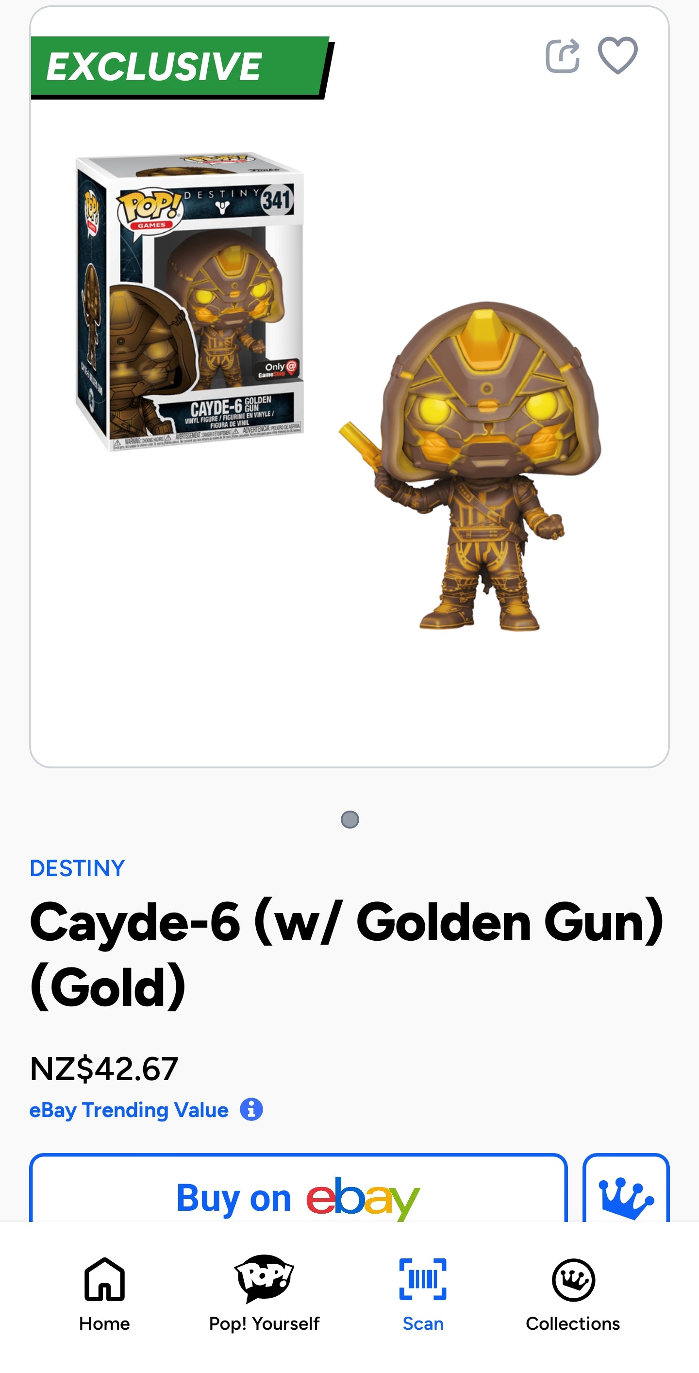 Funko Pop! Games Destiny Cayde-6 Golden Gun #341 vinyl figure, known for its "Glows in the Dark" feature.