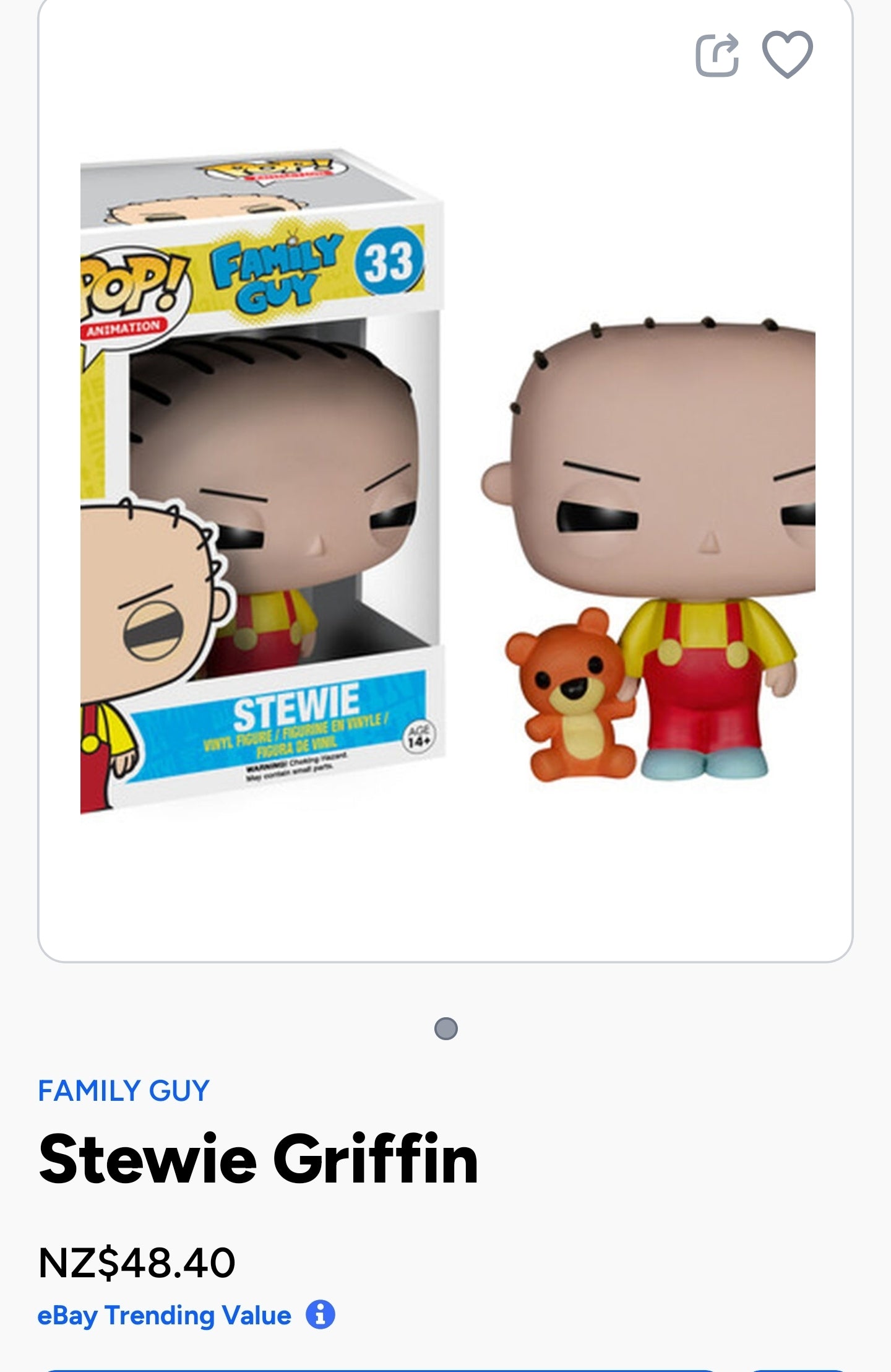 Funko Pop! Vinyl Figure of Stewie Griffin from the animated TV show Family Guy, specifically the #33 figure featuring Stewie with his teddy bear, Rupert.