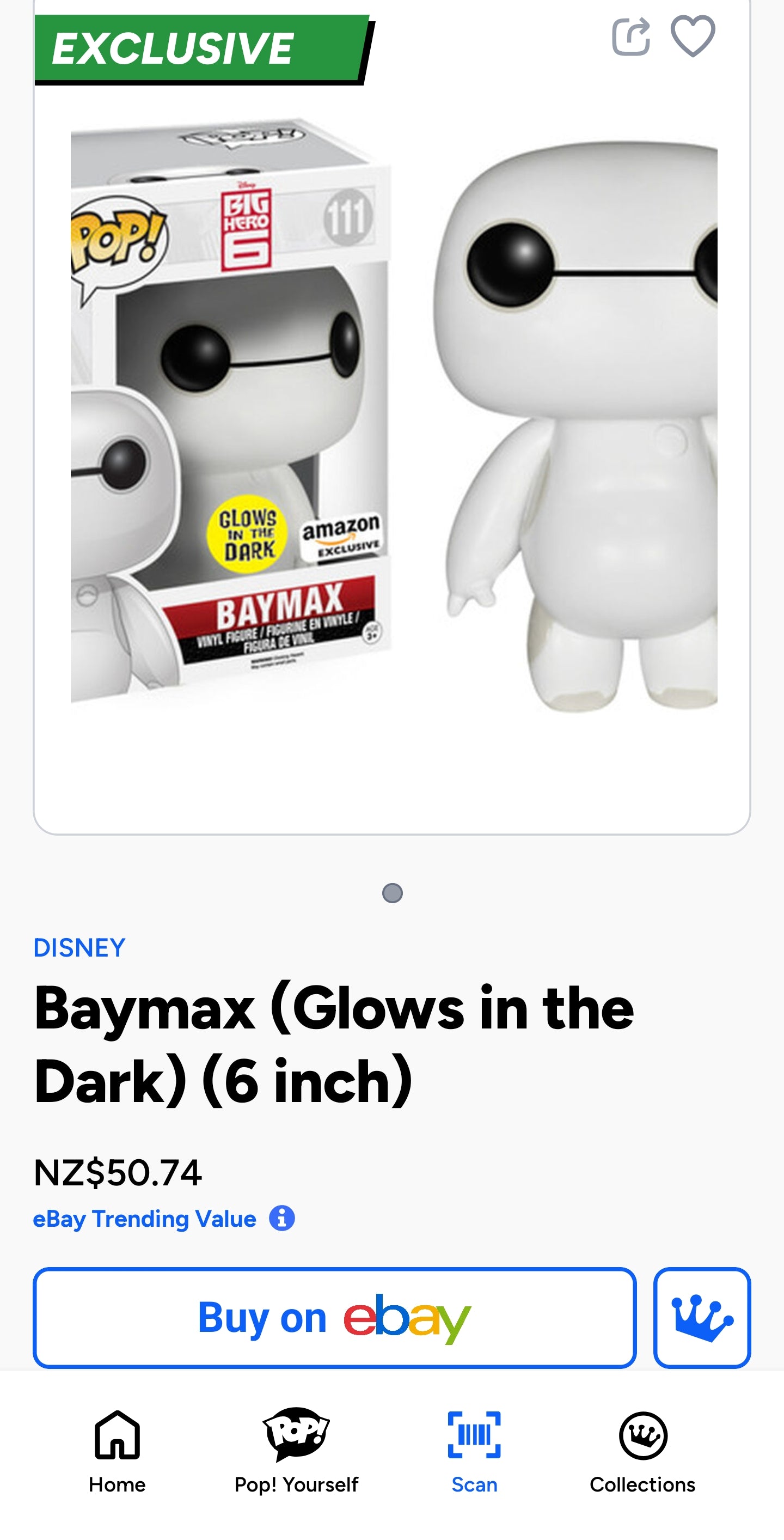 Funko Pop! Vinyl figure of Baymax from Disney's Big Hero 6, specifically the #111 Glow in the Dark (GITD) version.