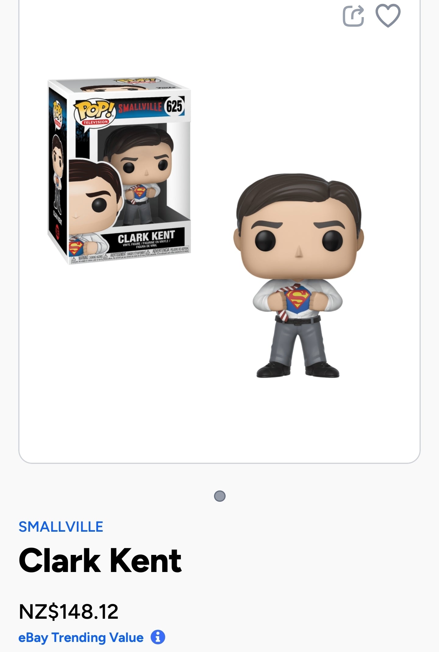 Funko Pop! Television vinyl figure of Clark Kent from the TV series Smallville, specifically number 625 in the Pop! Television series.