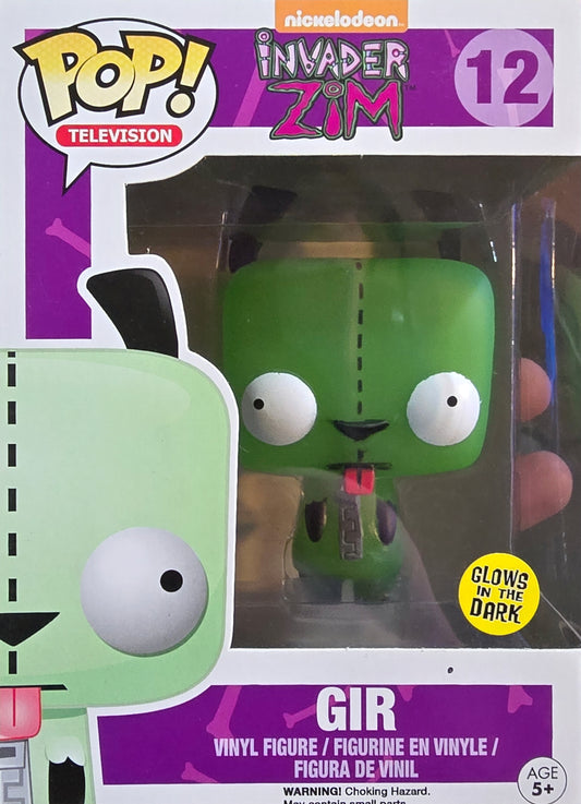 Funko Pop! Television vinyl figure of GIR from the show Invader Zim, specifically figure #12 which is a Hot Topic Exclusive Glow-in-the-Dark version.