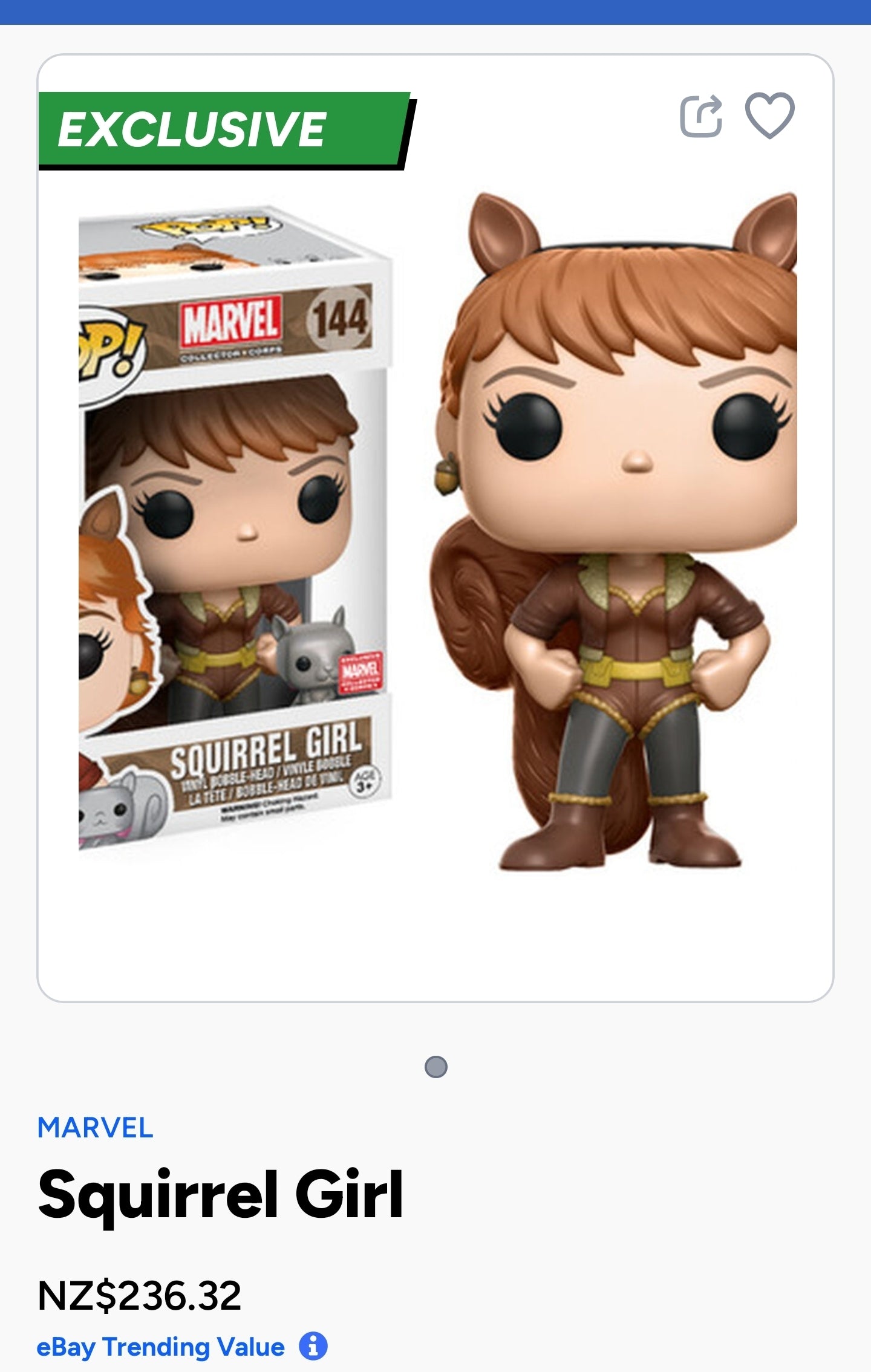 Funko Pop! Marvel Squirrel Girl vinyl bobble-head, number 144 in the Pop! Marvel Collector Corps series.