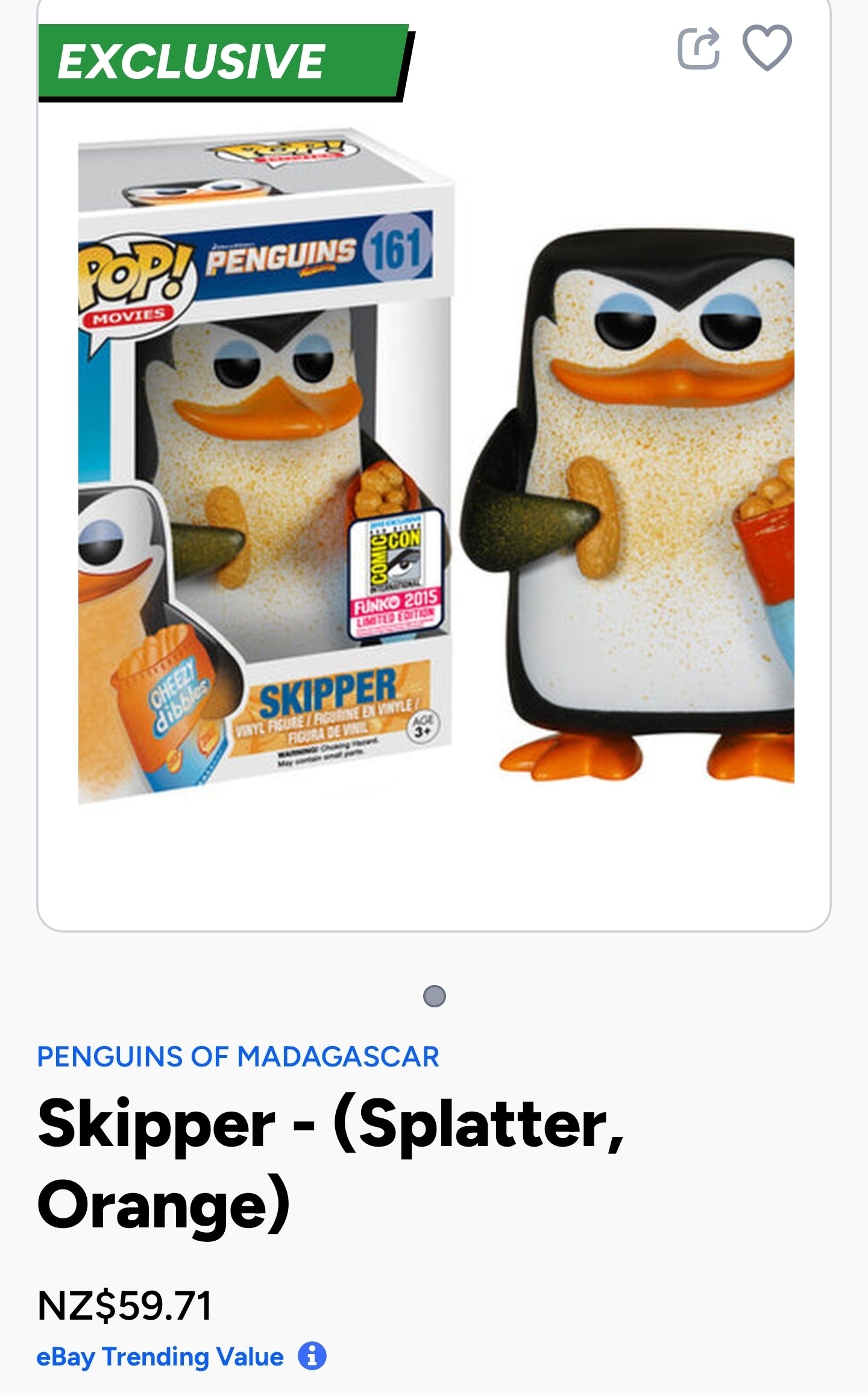 Funko Pop! Movies figure of Skipper from Penguins of Madagascar, specifically the #161 Skipper with Cheezy Dibbles variant, which was a 2015 Summer Convention