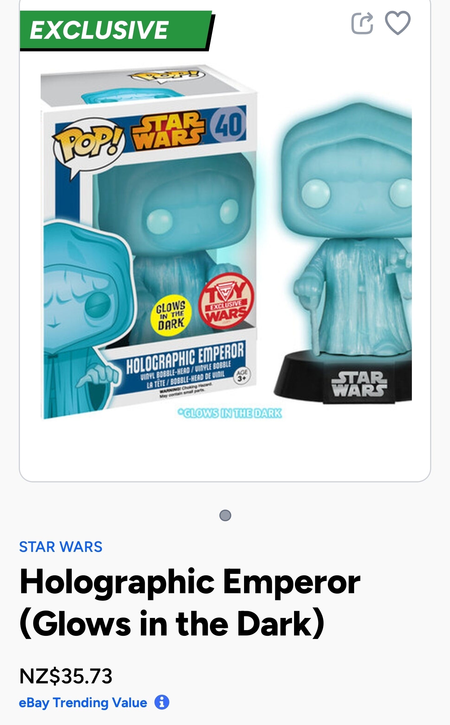 Funko Pop! Star Wars Holographic Emperor Palpatine Glow in the Dark (GITD) #40 vinyl figure.