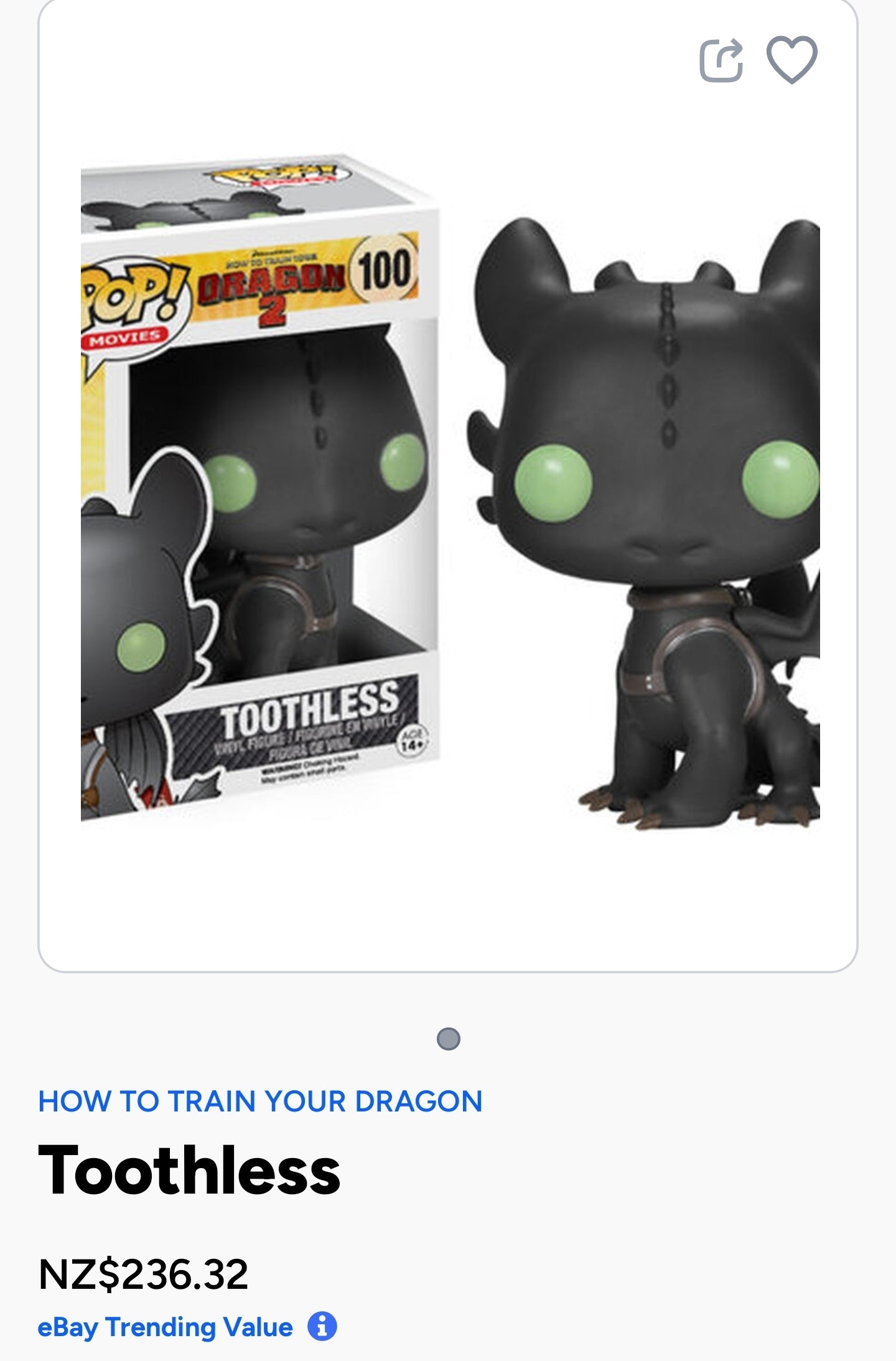 Funko Pop! vinyl figure of Toothless from the movie How to Train Your Dragon 2.