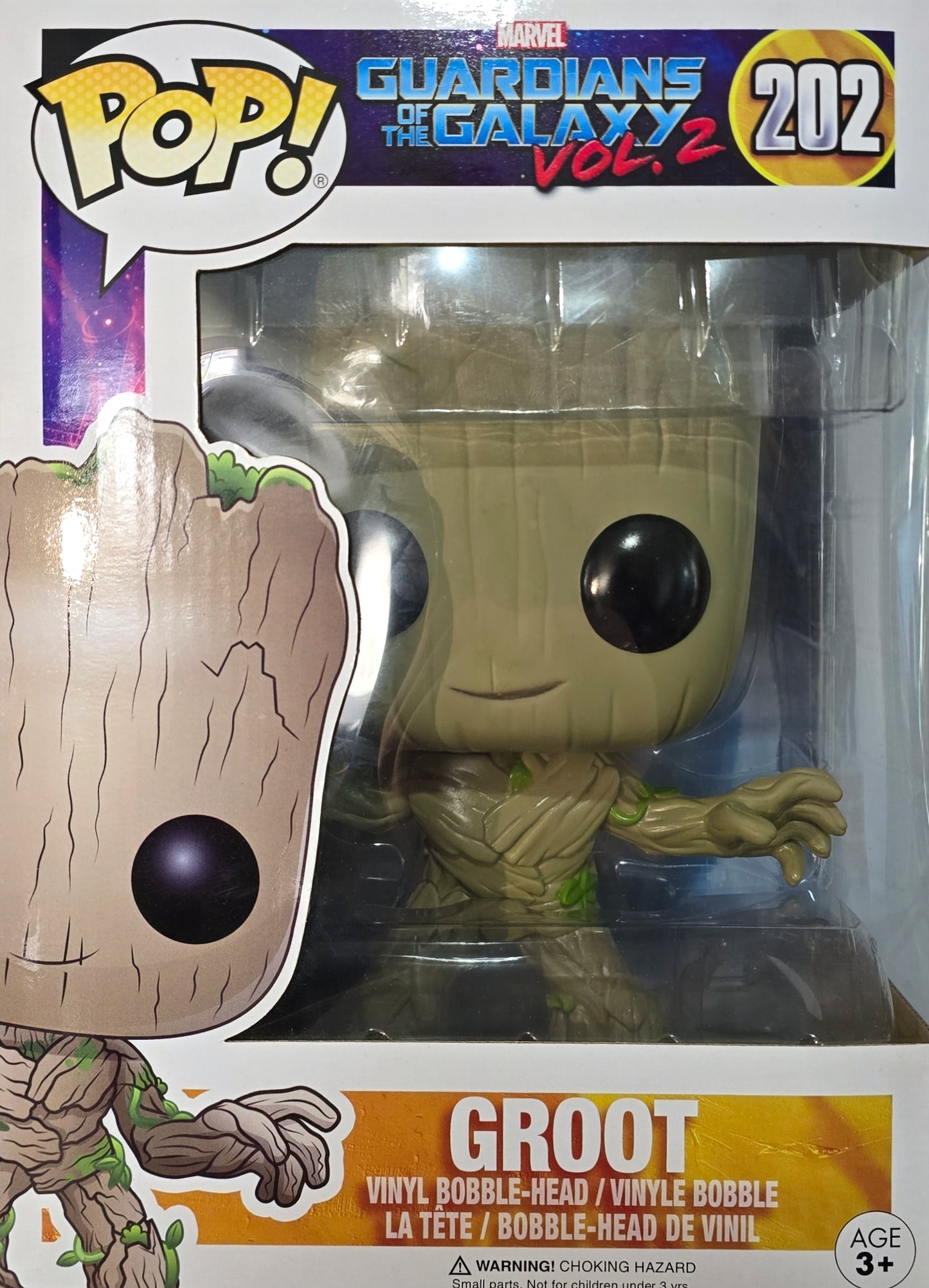 Funko Pop! vinyl bobble-head figure of Groot from Marvel's Guardians of the Galaxy Vol. 2.