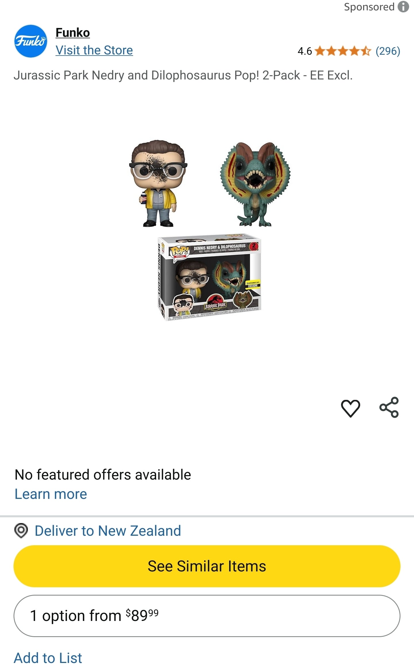 Funko Pop! Movies Jurassic Park 25th Anniversary Dennis Nedry & Dilophosaurus 2-Pack.