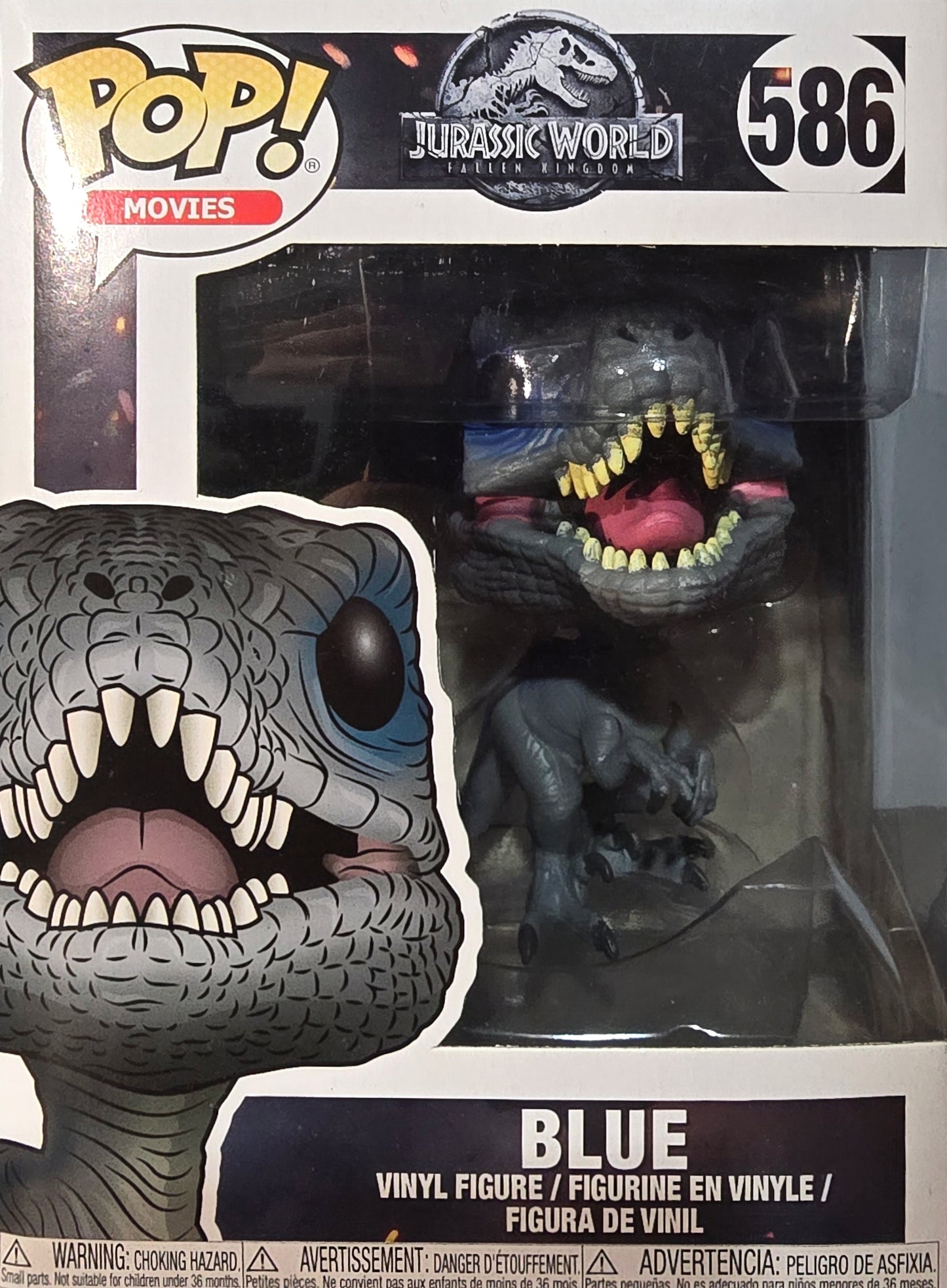 Funko Pop! Movies figure of Blue, the Velociraptor from the film Jurassic World: Fallen Kingdom.