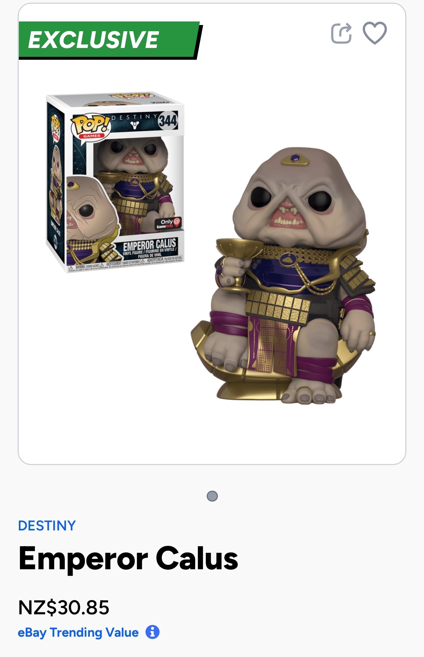Funko Pop! Games Destiny Emperor Calus Vinyl Figure, specifically number 344 in the Pop! Games series.