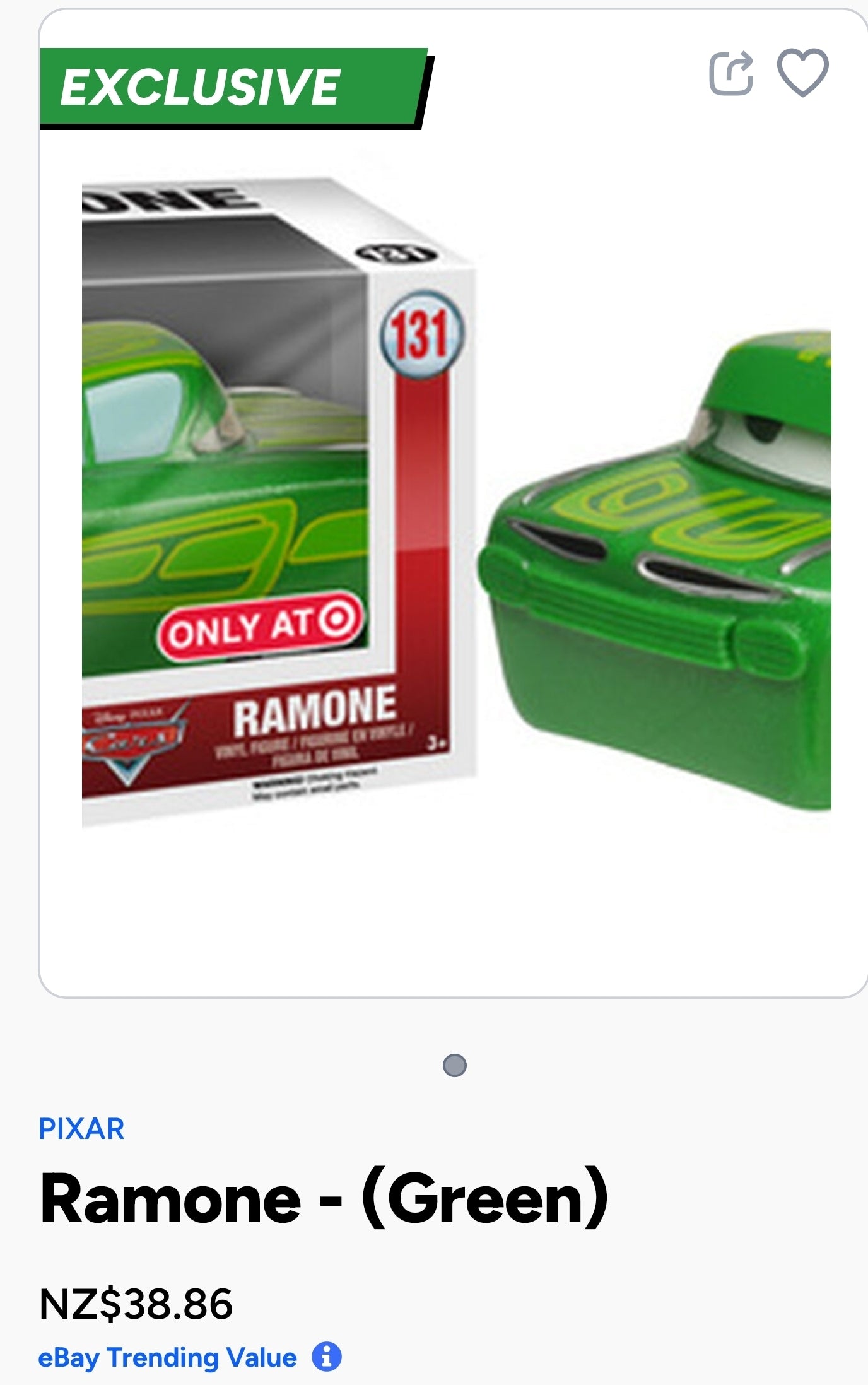 Funko Pop! vinyl figure of Ramone from Disney Pixar's Cars movie, specifically the #131 green paint variant.