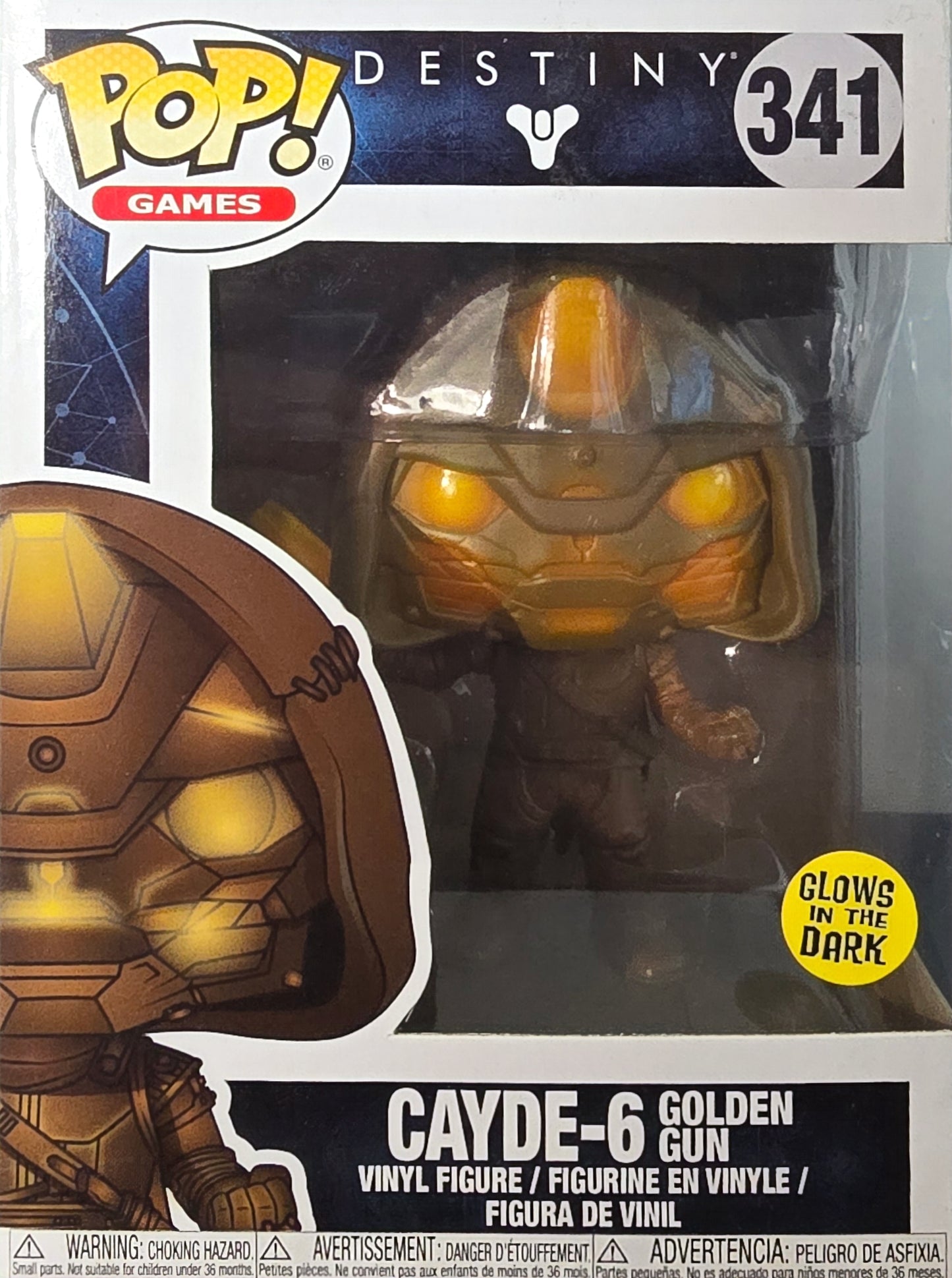 Funko Pop! Games Destiny Cayde-6 Golden Gun #341 vinyl figure, known for its "Glows in the Dark" feature.