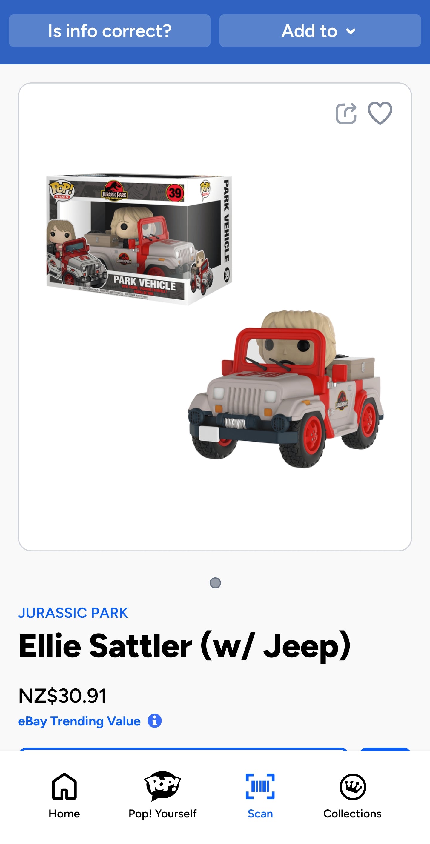 Funko Pop! Rides #39 featuring Ellie Sattler in the Jurassic Park Park Vehicle.