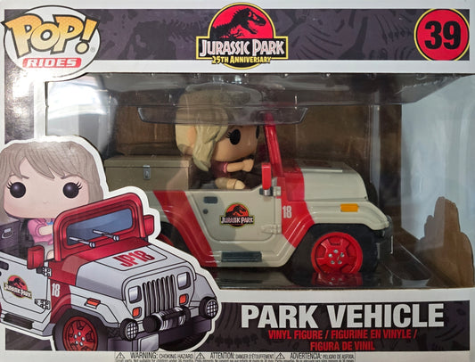 Funko Pop! Rides #39 featuring Ellie Sattler in the Jurassic Park Park Vehicle.
