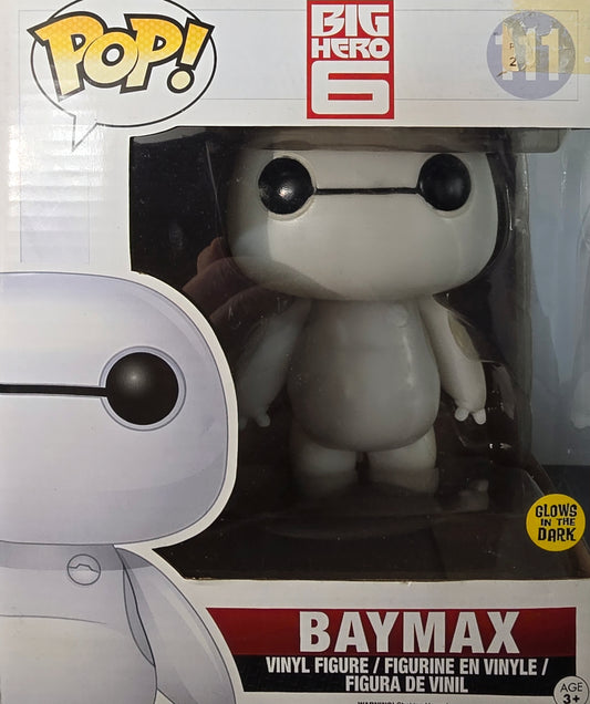 Funko Pop! Vinyl figure of Baymax from Disney's Big Hero 6, specifically the #111 Glow in the Dark (GITD) version.