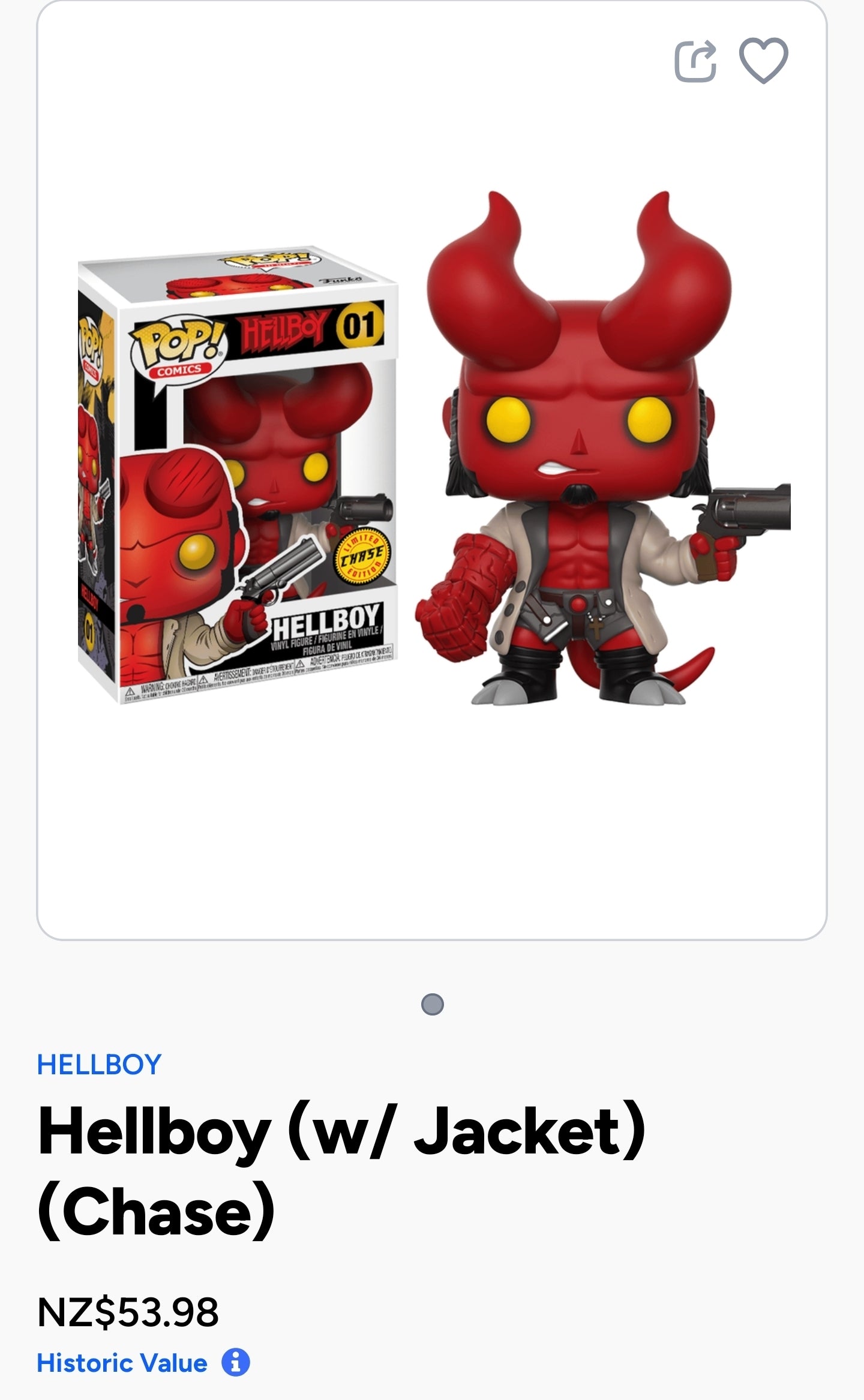 Funko Pop! Vinyl figure of Hellboy (w/Jacket) #01, specifically the limited "Chase Edition" variant.