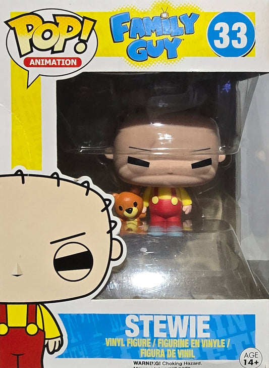 Funko Pop! Vinyl Figure of Stewie Griffin from the animated TV show Family Guy, specifically the #33 figure featuring Stewie with his teddy bear, Rupert.